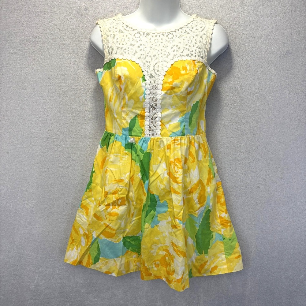 Lilly Pulitzer First Impression Reagan Dress Womens Size 2 Yellow Floral Crochet